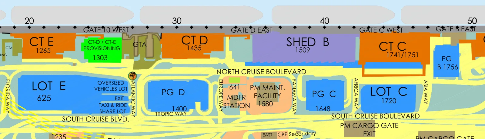 Detail of the official PortMiami address map showing Cruise Terminal E numbered 1265 above Surface Lot E numbered 625, and Cruise Terminal C numbered 1741 slash 1751 above parking Garage C numbered 1648