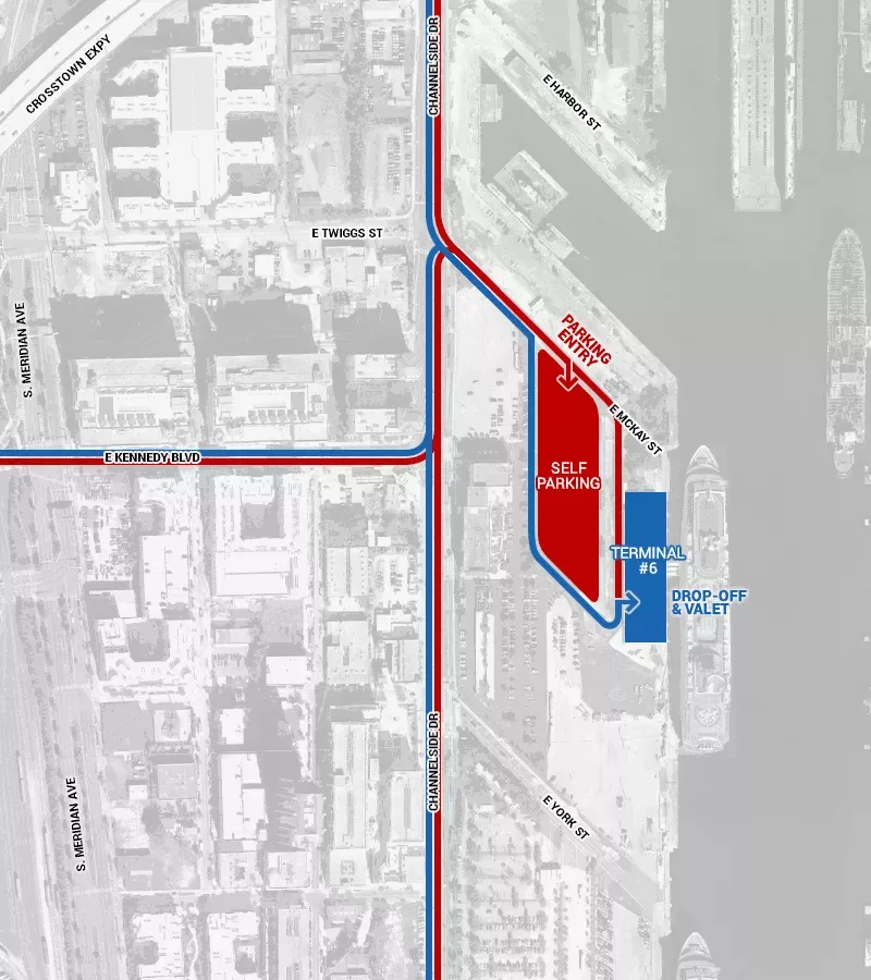 Port Tampa Bay arrival map for Cruise Terminal 6, showing the self-parking lot in red with its entry off East McKay Street, and the drop-off and valet route in blue leading to the terminal on the water