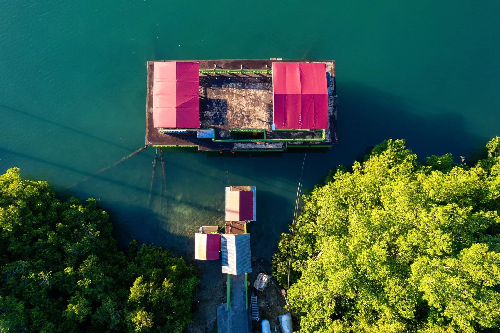 Drone capture of a waterfront structure in Montego Bay, Jamaica with vibrant greenery and blue water.