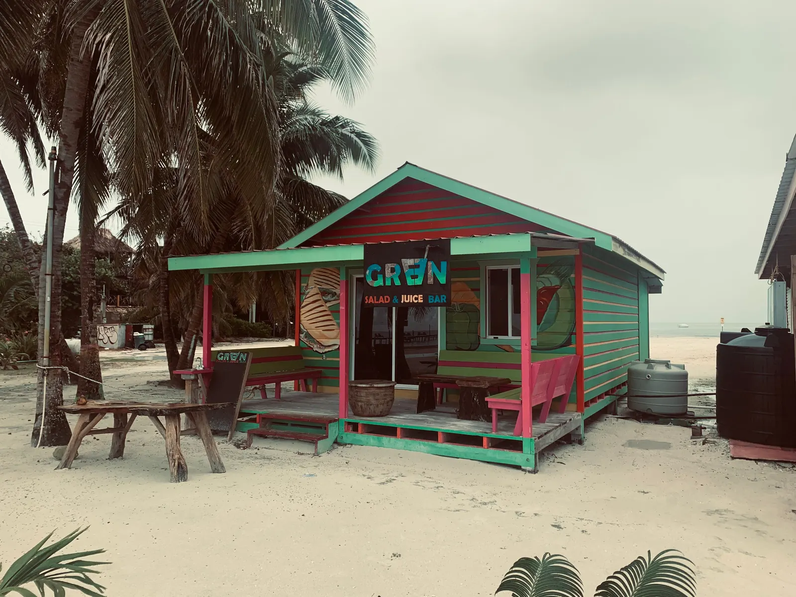 Colorful juice bar on a sandy beach in Belize surrounded by palm trees.